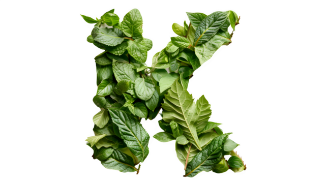 Letter K Made with Leaves, PNG File, Transparent Background, Isolated on White