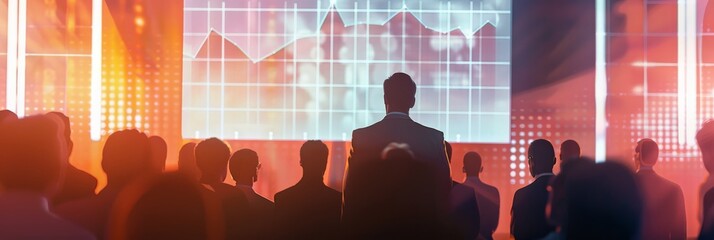 Group of business professionals analyzing a large screen with financial data. Concept of teamwork and market analysis