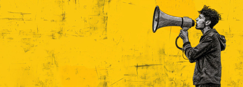 Black and white sketch of man holding megaphone, yellow background. Conceptual art concept for positive change in society