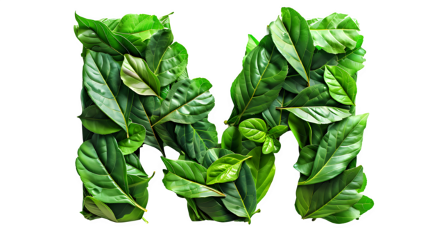 Letter M Made with Leaves, PNG File, Transparent Background, Isolated on White