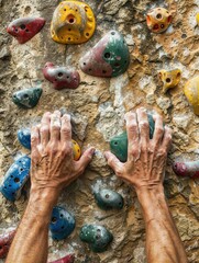 Hands grasping climbing holds on wall