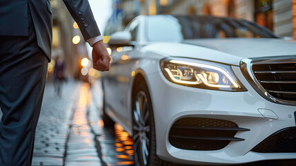 Naklejka premium Businessman Walking Towards Luxury White Car on Wet City Street at Dusk