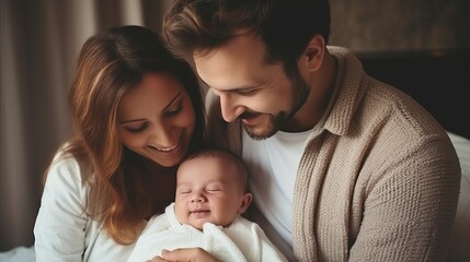 Loving Parents Cradling Their Smiling Newborn Baby in a Cozy Home Setting