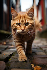 Curious Orange Tabby Cat Walking Outdoors on Cobblestone Pathway Close-Up