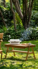 Naklejka premium A black kettle grill with smoke rising sits in the middle of a backyard setting, with a wooden table in the foreground and a green lawn in the background