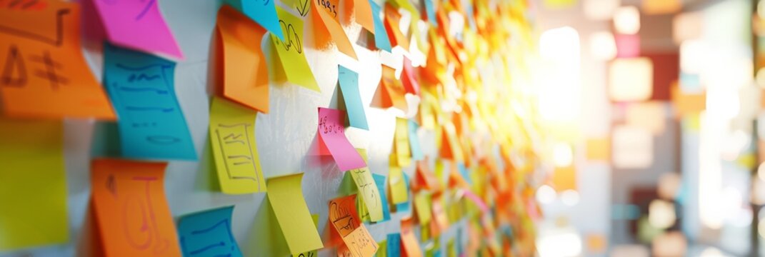 Colorful sticky notes on a wall with sunlight streaming in. Perfect for business brainstorming and planning sessions