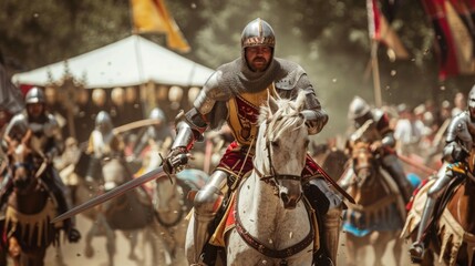 A knight in full armor rides a white horse, brandishing a sword during a jousting tournament. Other knights and horses are seen in the background, adding to the excitement of the medieval event.