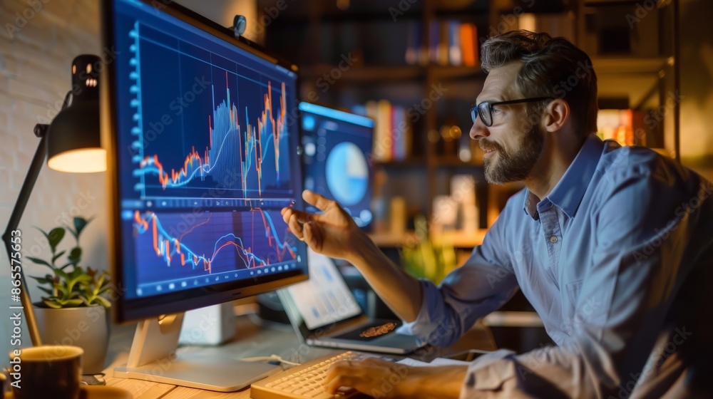 Poster Male financial analyst working late in an office, analyzing data on multiple computer screens. Business analysis and market research concept