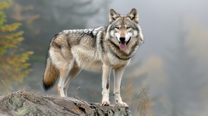 A wolf stands on a rock with a misty forest behind it at dawn