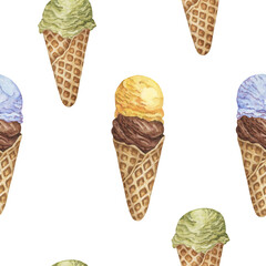 Colorful ice cream seamless pattern. Bubblegum, chocolate, banana, lemon, pistachio or matcha flavors in retro style. Watercolor clipart for printing, textile, apparel, wrapping paper, scrapbooking