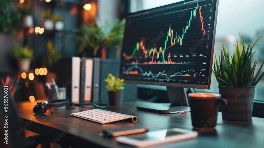 Poster Stock market graphs displayed on a computer monitor in a dimly lit office. Financial analysis and trading strategy