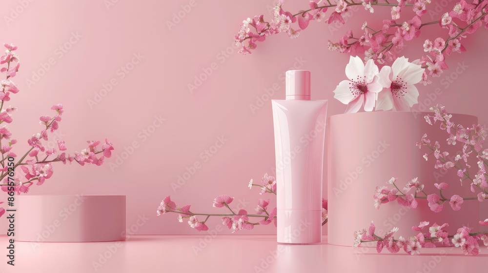 Sticker Beauty product presentation on pink background with floral decoration Minimalistic design mockup for skincare advertising