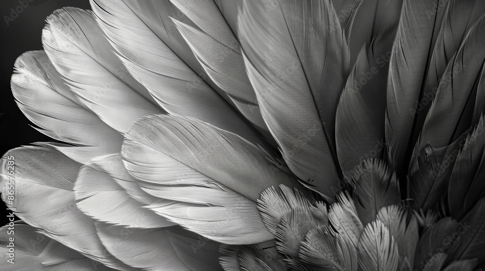 Poster a series of overlapping feathers creates an abstract monochromatic pattern. black and white art