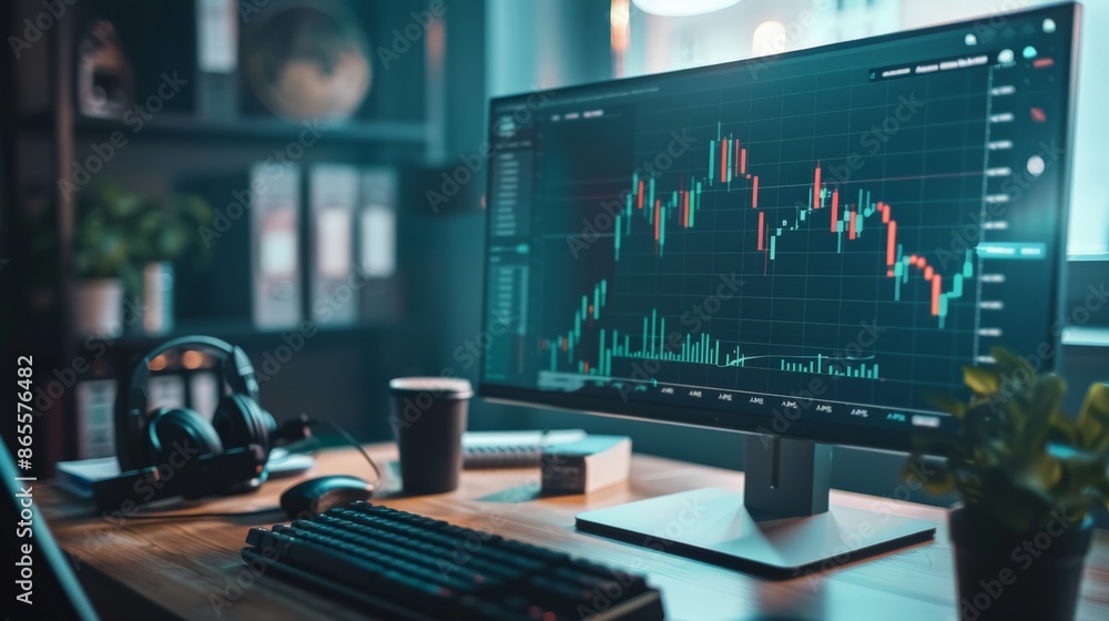Poster Office desk setup with computer displaying stock market graphs and headphones. Financial analysis and modern business strategy