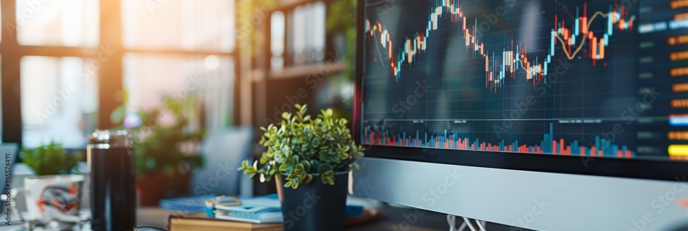 Poster Bright modern office with a computer monitor displaying stock market charts. Financial analysis and business strategy environment