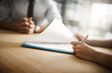Business, hands and people with signature in office for insurance or life policy agreement. Deal,...