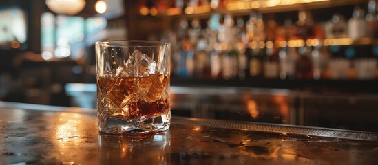 Elegant whiskey served with ice on a bar counter in a moody setting, embodying the concept of drink art.