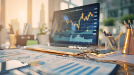 Open laptop displaying financial charts on a desk filled with documents and a smartphone. Bright office environment with graphs and data analysis. Perfect for business growth and financial strategy
