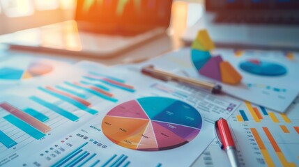 Financial documents with colorful pie charts and bar graphs on a desk. Brightly lit office setting perfect for business analysis and strategy development