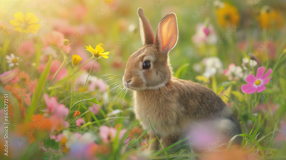 Wall mural A cute brown bunny rabbit sits in a field of colorful wildflowers, basking in the warm sunlight. - Wall murals
