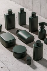 Obraz premium Minimalist dark green cosmetic containers on concrete surface