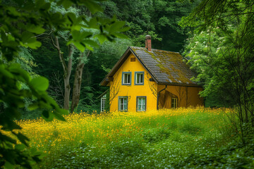 Obraz premium Nestled among towering pine trees, an old wooden house stands weathered yet enduring