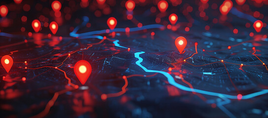 3d map of city with red glowing location pins and blue lines connecting them, dark background, low angle shot, hyper realistic.