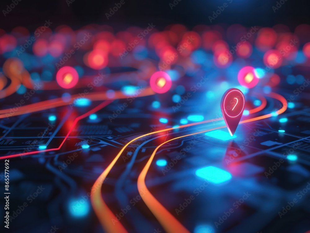 Poster digital gps, neon map pin location. innovation navigation technology concept, network connection, in