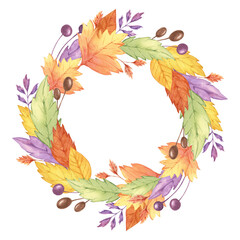 Autumn leaves watercolor wreath. Colorful Yellow, orange, red, purple foliage and berries clipart. Round frame Design element for autumnal decor, thanksgiving day, cards, gift tags, scrapbooking