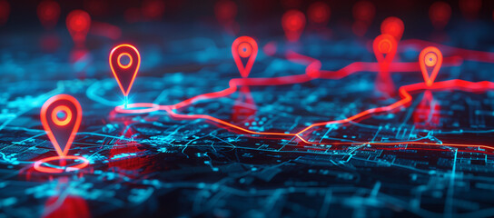 3d map of city with red glowing location pins and blue lines connecting them, dark background, low angle shot, hyper realistic.