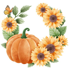 Watercolor Hand drawn illustration Rustic watercolor autumn pumpkin sunflower marigold flowers maple foliage fall wreath Arrangement.
