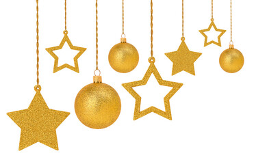 Arrangement of Christmas glittering ornaments stars and balls isolated on transparent background