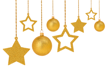 Arrangement of Christmas glittering ornaments stars and balls isolated on transparent background