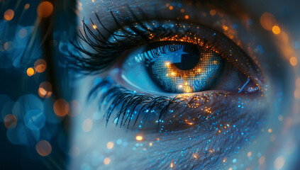 A close up of an eye with digital code and data flowing through it