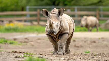 Fototapeta premium A young white rhinoceros calf stands on sandy ground in a zoo exhibit, facing to the right