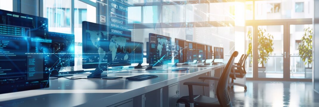 Modern office space with multiple computer screens displaying digital data and graphs. High-tech workspace for financial analysis and data-driven decision making. 