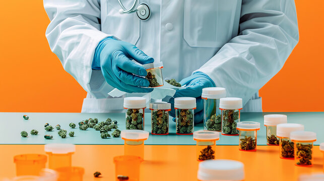 photo of a gloved doctor holding tightly packaged jars of medical cannabis and a table with many of these packages neatly organized, minimalist, cannabis, plant, close up, macro, marijuana, ganja.