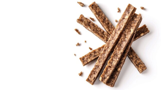 Fiber rich bran sticks on white background Ideal breakfast choice Ample space for text
