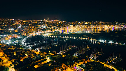 Night Valletta. Night drone view. Royal Malta Yacht Club. Stunning Night Views of Malta
