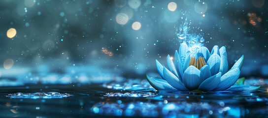 A glowing blue lotus flower floats on water, with holographic particles and dots of light around it.