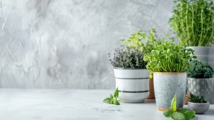 Organic Herbs on White Table with Potted Plants Minimalistic Culinary Concept