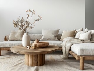Round wooden coffee tbale near wooden sofa with beige pillows. Scandinavian home interior design of modern living room.