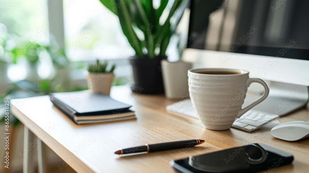 Poster modern office desk setup with a coffee cup, notebook, pen, and desktop computer with potted plants i