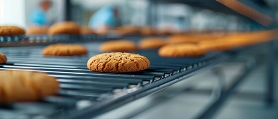 Conveyor belt with cookies in a bakery production line, showcasing the seamless baking process in a food factory, Contemporary, Warm hues, cool grays, Ultra HD, Detailed cookies, precise equipment