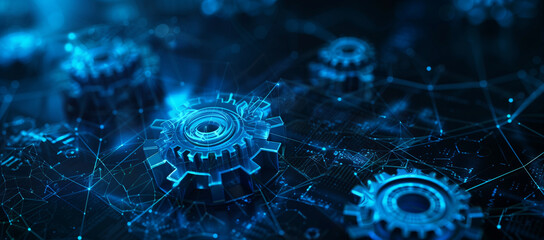 Abstract blue glowing digital gears and connections on a dark background