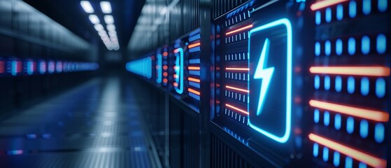 Highly detailed of hightech battery packs on a wall, featuring a glowing blue lightning icon, modern and sleek design, Industrial, Bright blue and silver, Highdefinition, Detailed texture