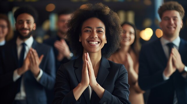 Diverse team clapping and smiling at a successful business event.