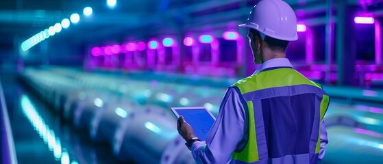 Highdetail scene of a worker with a tablet in a wastewater facility, wearing a hard hat and highvisibility vest, overseeing facility operations, Photorealistic, Cool tones and neon highlights, Highdef