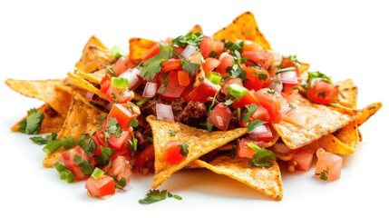 Close up image of nachos with tortilla chips on a blank background