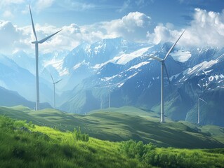 Wind farm. Wind generators in mountain landscape. Development of renewable energy sources